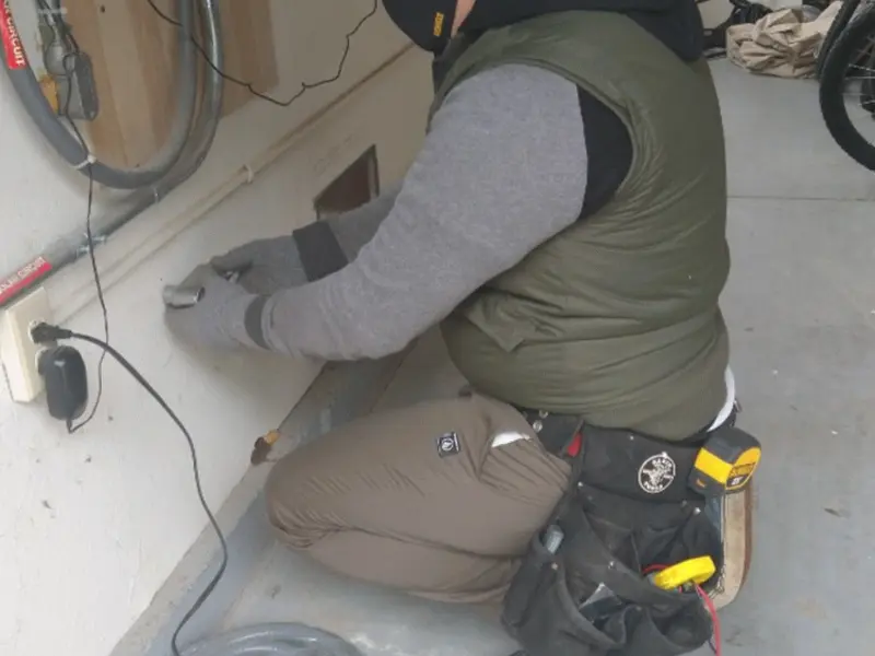 Electrician performing outlet wiring in a Dunbar garage